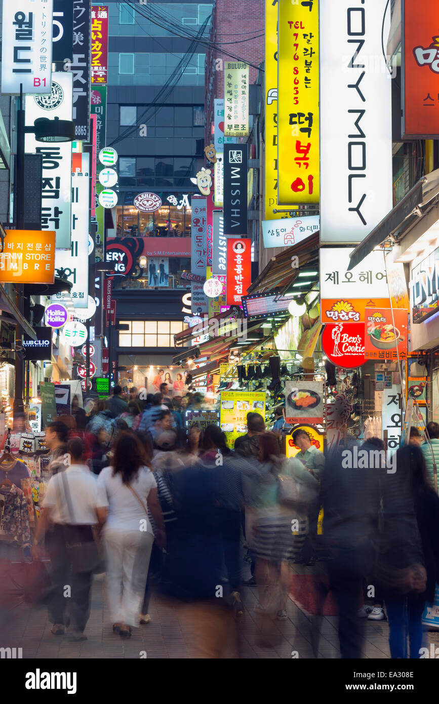 Neon lit streets of Myeong-dong, Seoul, South Korea, Asia Stock Photo