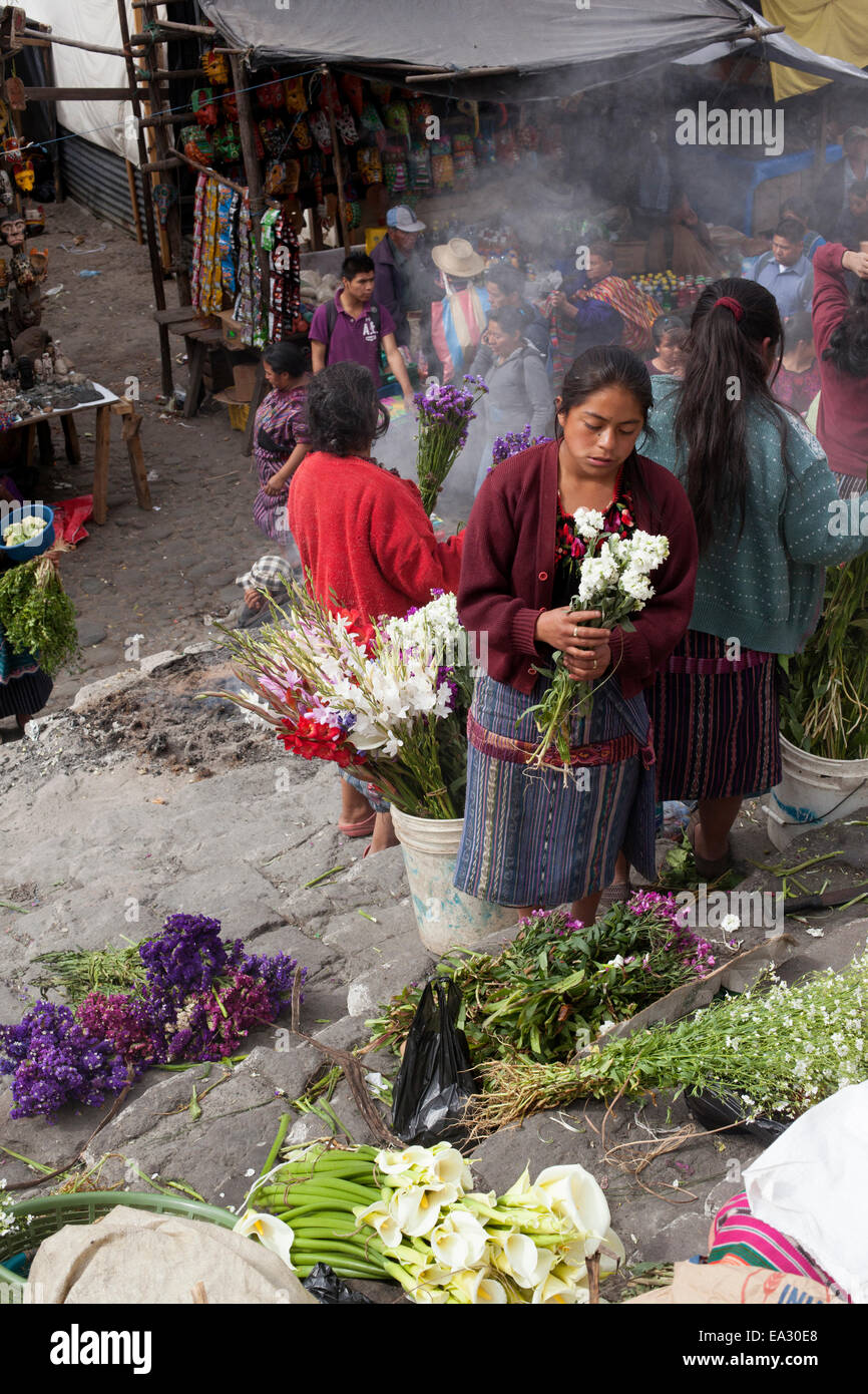Flower vendors, Chichicastenango, Guatemala, Central America Stock Photo