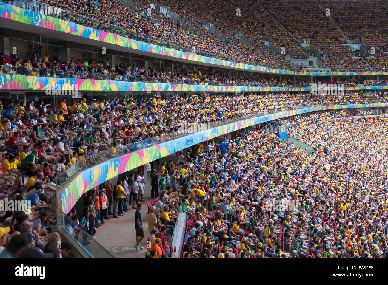 Football fans inside National Mane Garrincha Stadium for World Cup match, Brasilia, Federal District, Brazil, South America Stock Photo