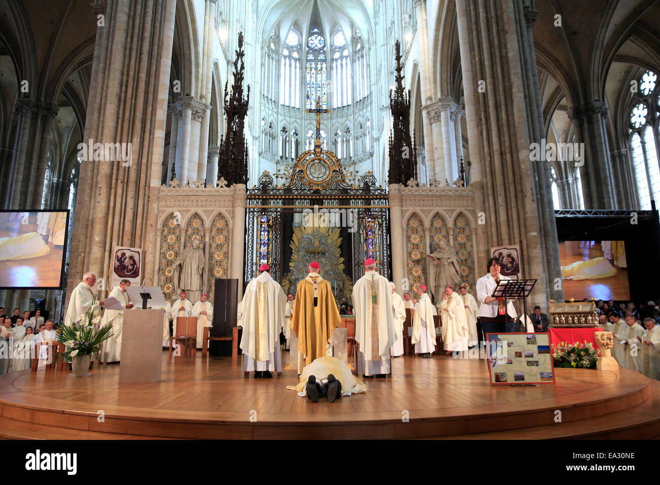 Bowing down, Litany of the Saints, Episcopal ordination, Amiens Cathedral, Somme, France, Europe Stock Photo