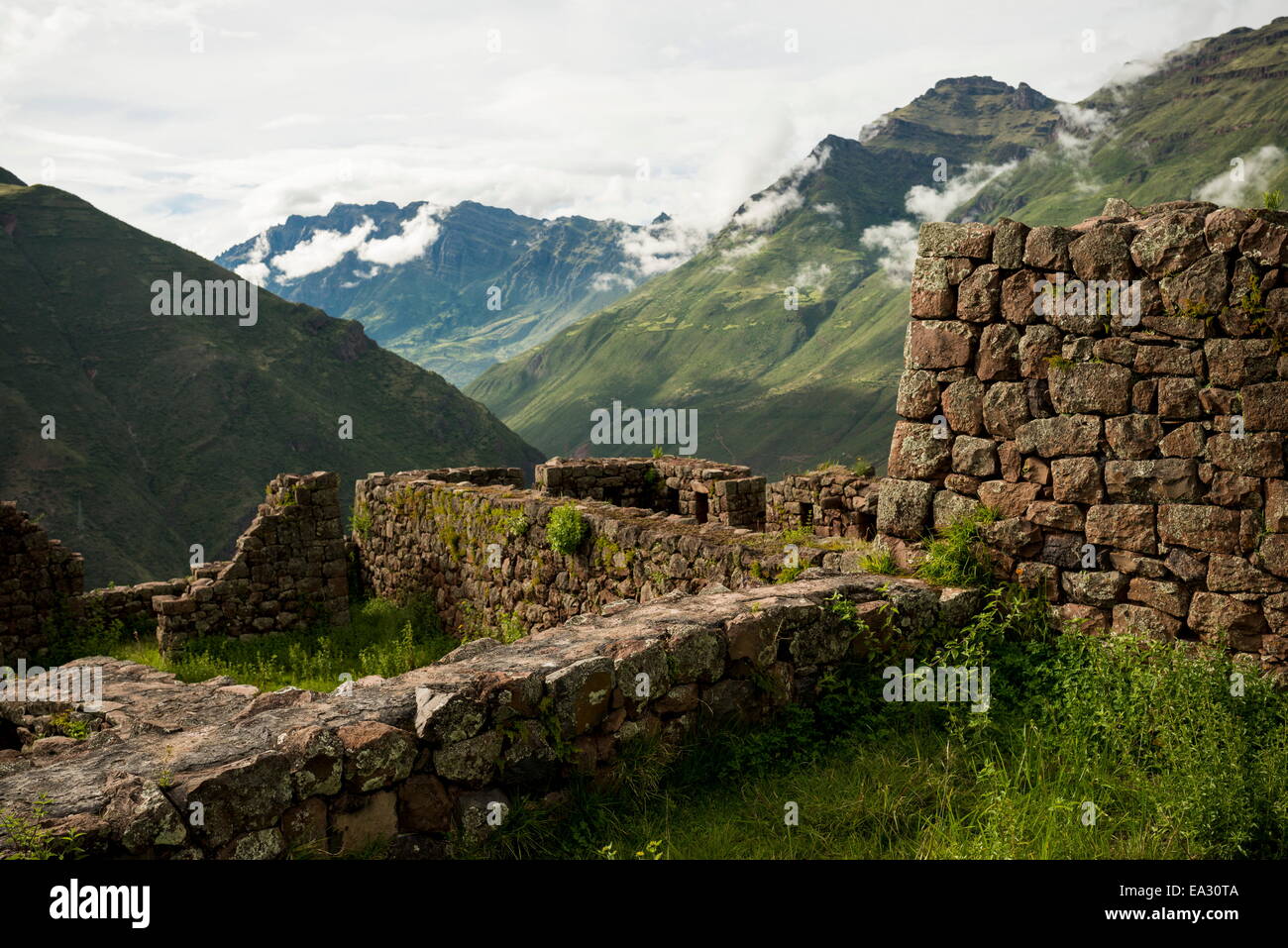 View from Inca Citadel of Pisac Ruins, Pisac, Sacred Valley, Peru, South America Stock Photo