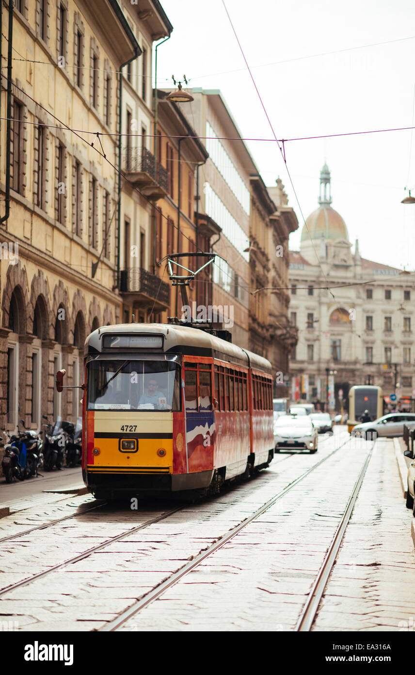 Tram on street of Milan, Lombardy, Italy, Europe Stock Photo