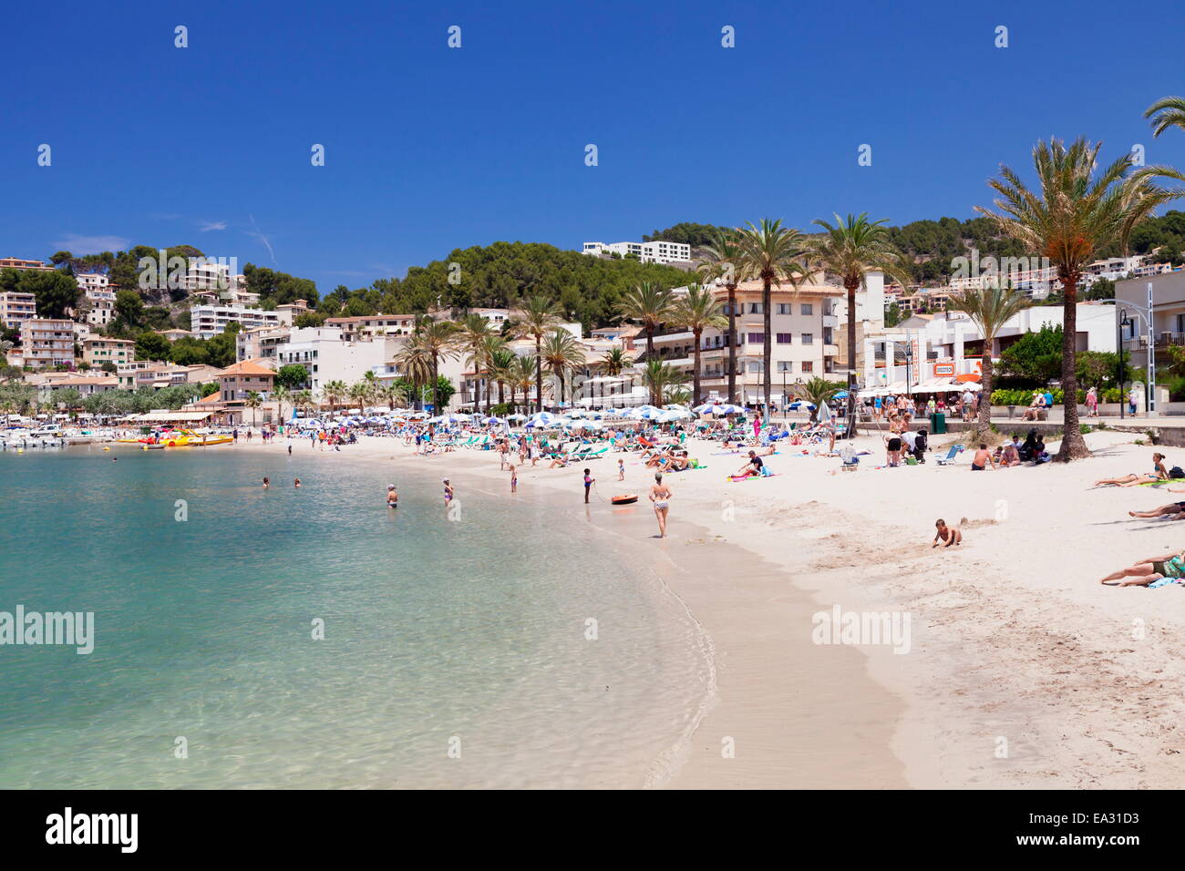 Playa d'Es Traves Beach at Promenade Passeig Es Traves, Port de Soller, Majorca, Balearic Islands, Spain, Mediterranean Stock Photo