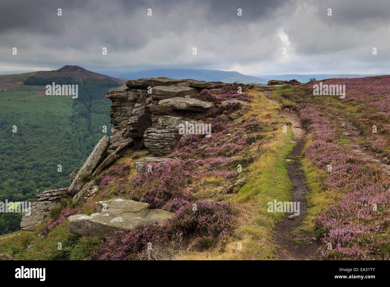 Track on Bamford Edge, Win Hill and a distant Kinder Plateau, Dark Peak, Peak District, Derbyshire, England, United Kingdom Stock Photo