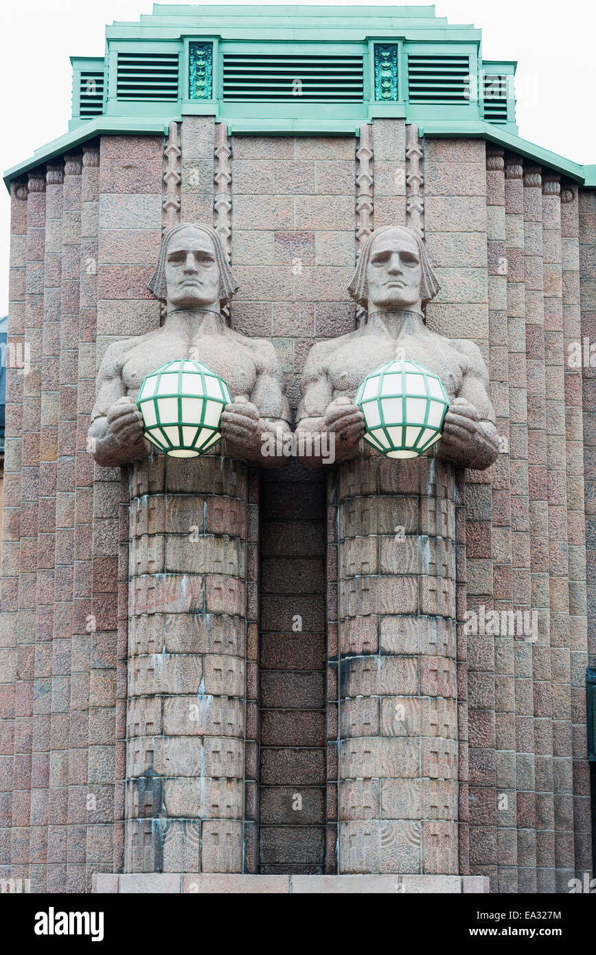 Art nouveau statues designed by Emil Wikstrom at Rautatieasema Train Station, Helsinki, Finland, Scandinavia, Europe Stock Photo