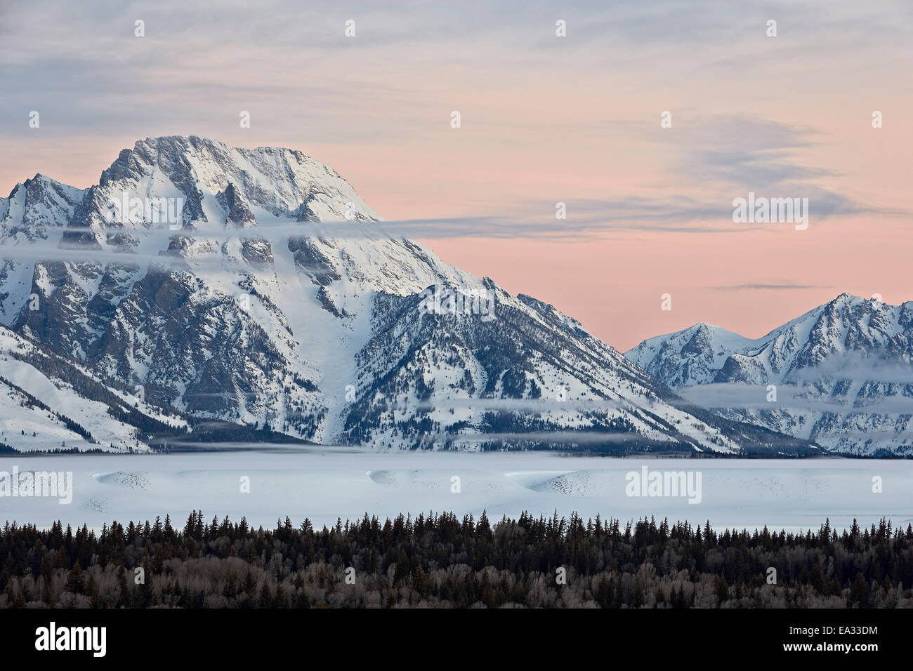 Mount Moran at dawn in the winter, Grand Teton National Park, Wyoming, United States of America, North America Stock Photo