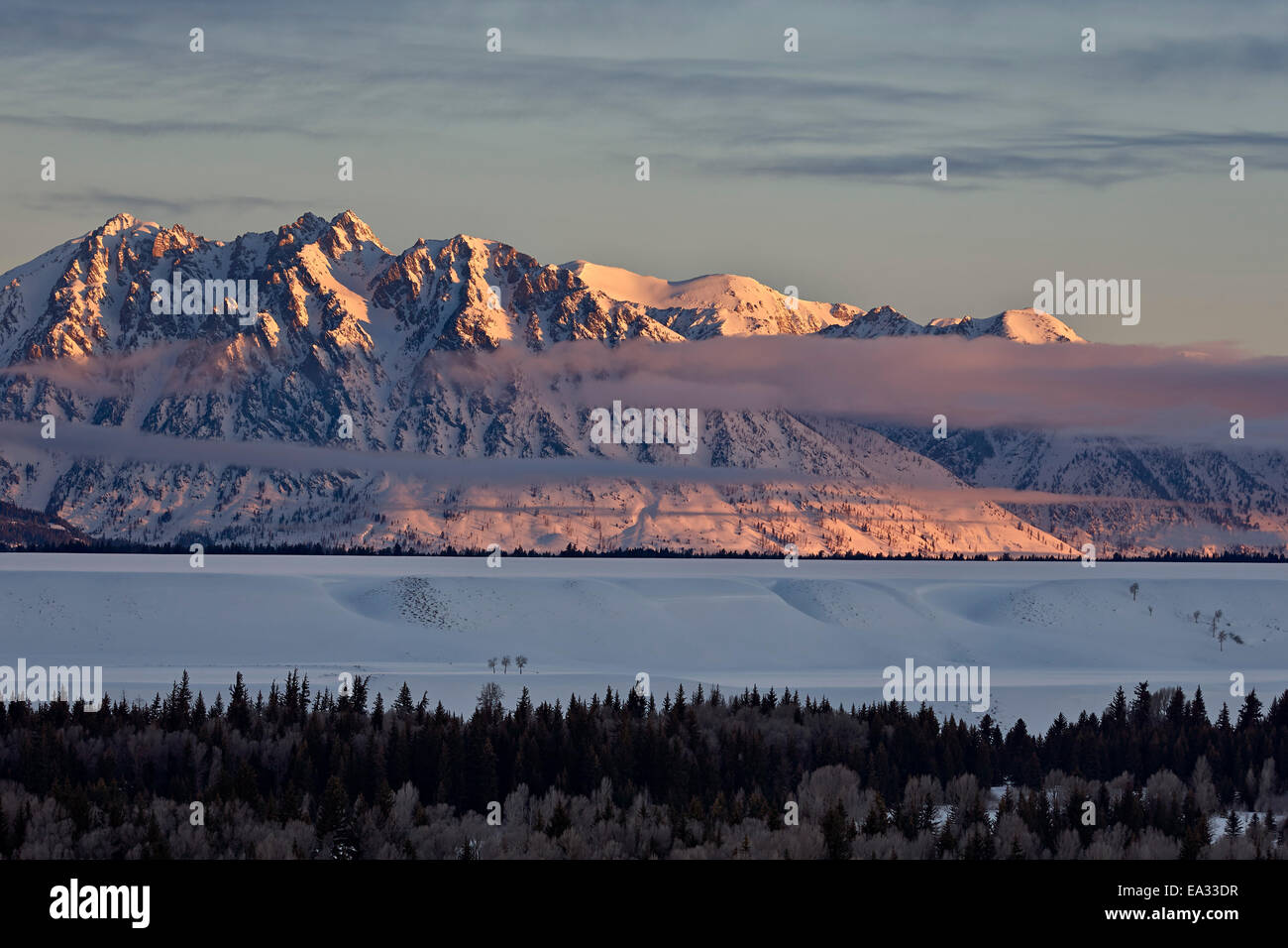 Teton Range at first light in the winter, Grand Teton National Park, Wyoming, United States of America, North America Stock Photo
