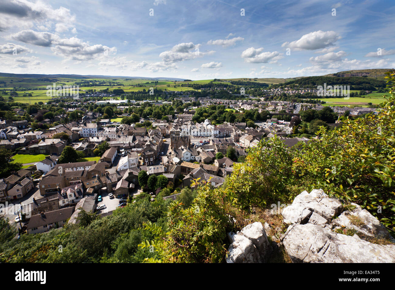 The Dales market town of Settle from Castlebergh Crag North Yorkshire, Yorkshire, England, United Kingdom, Europe Stock Photo