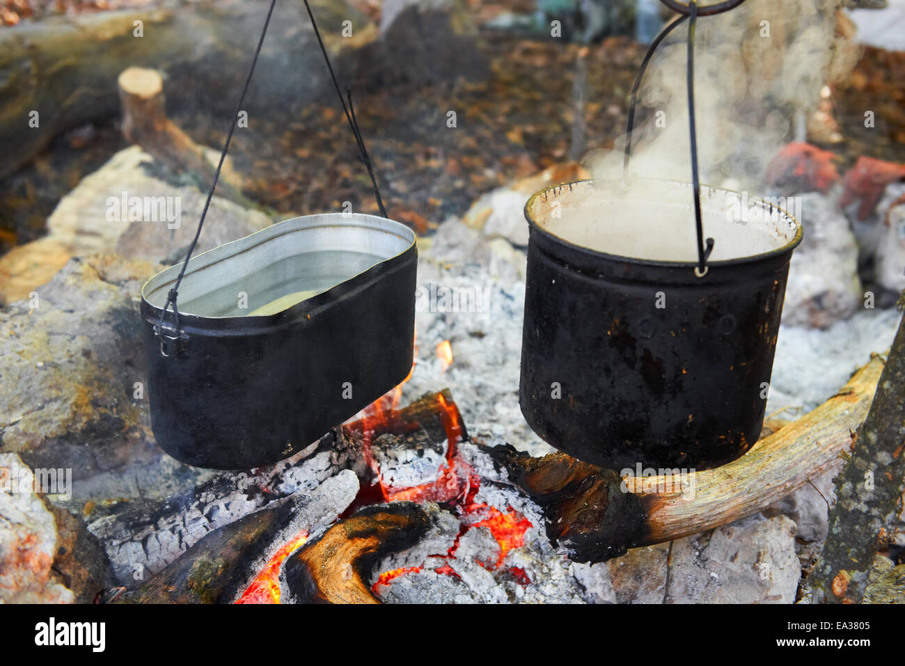 Premium Photo  Cooking camping pot with corncobs in a boiling water over  campfire.