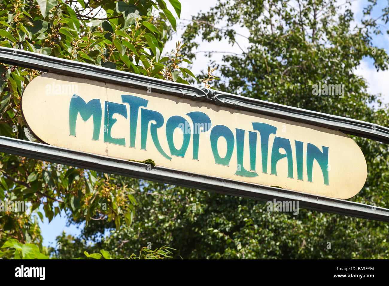 Art-Deco styled Street sign at the entrance to the Paris Metro Stock Photo