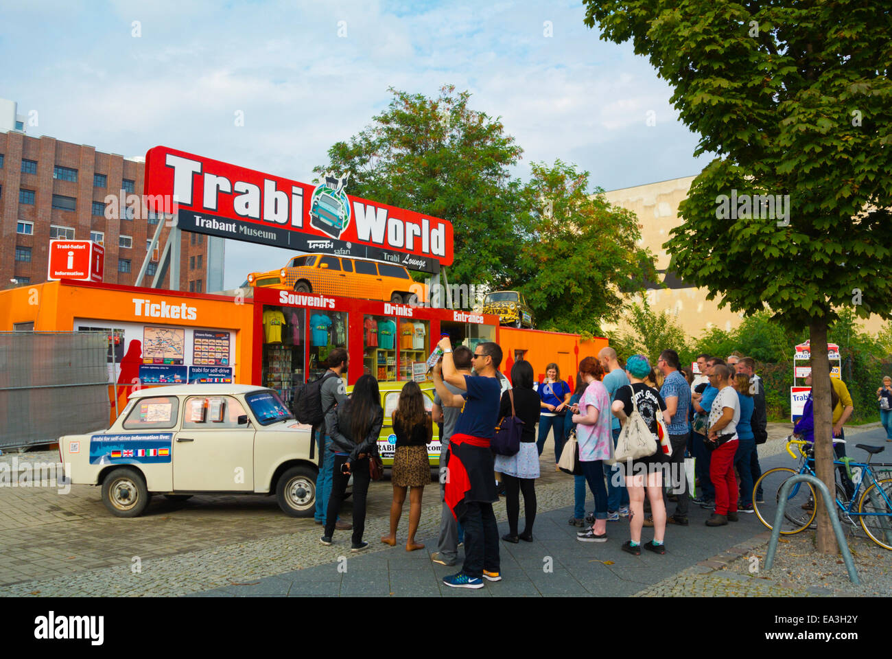 Tour group in front of Trabi world, Trabant museum exterior, Friedrichstadt, Mitte district, central Berlin, Germany Stock Photo