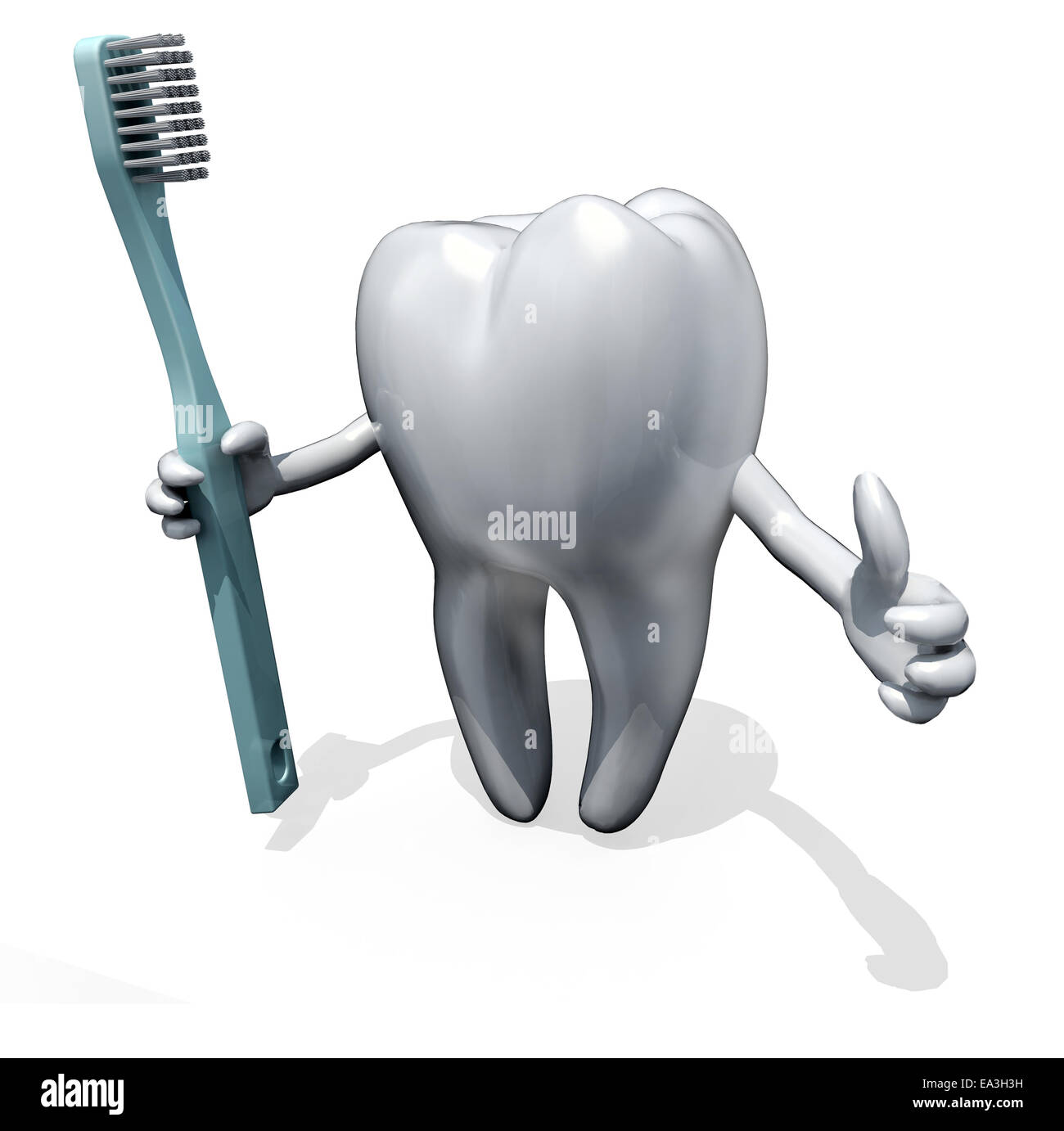 3d cartoon tooth holding a toothbrush isolate on white background Stock