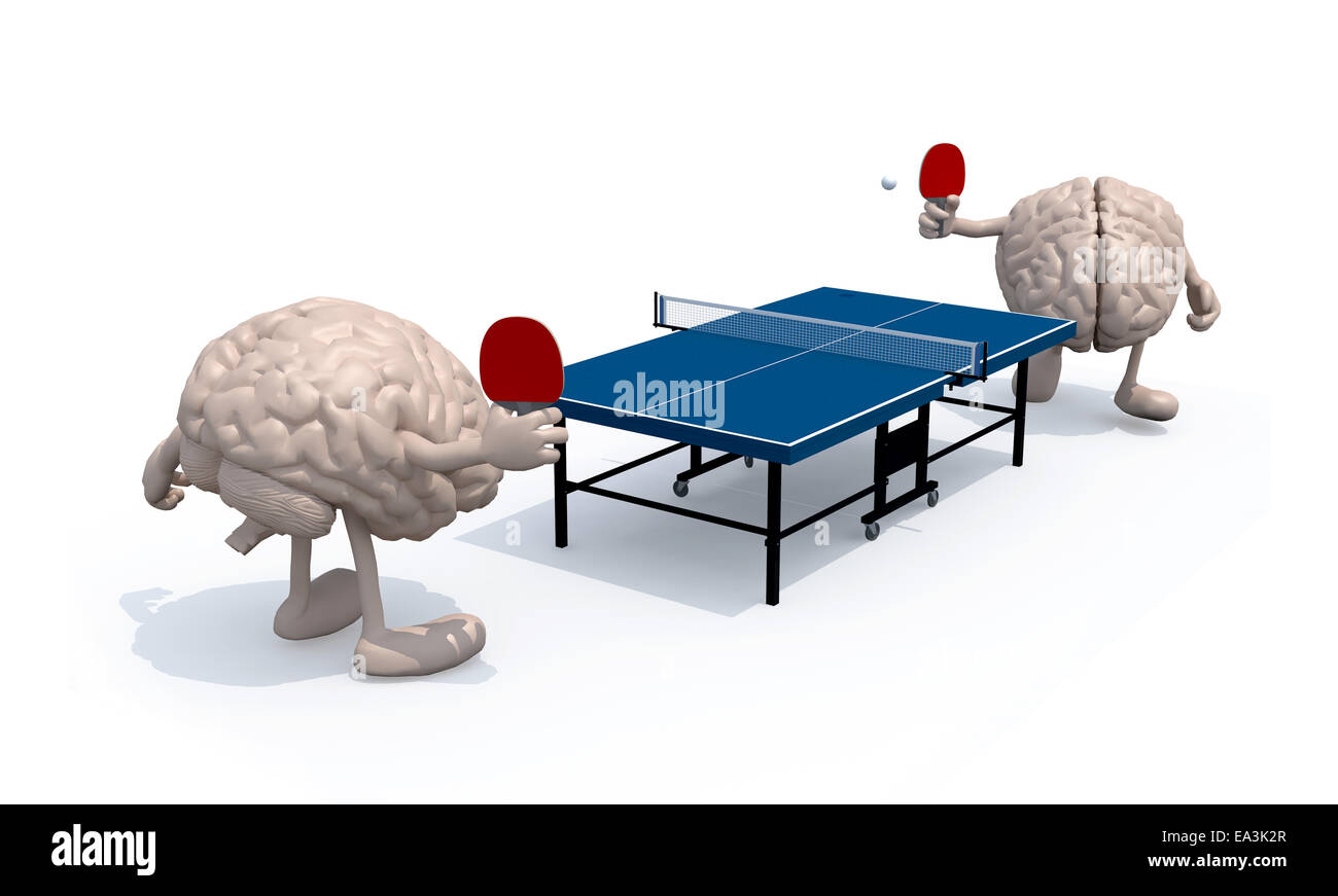 two human brains with arms and legs that playing to table tennis, 3d illustration Stock Photo