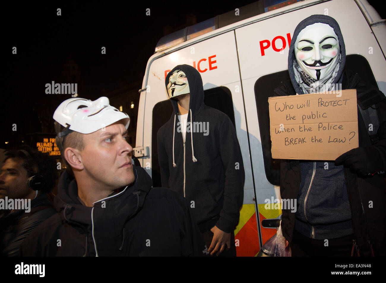 London, UK. 5th November, 2014. Bonfire night protest in central London ...