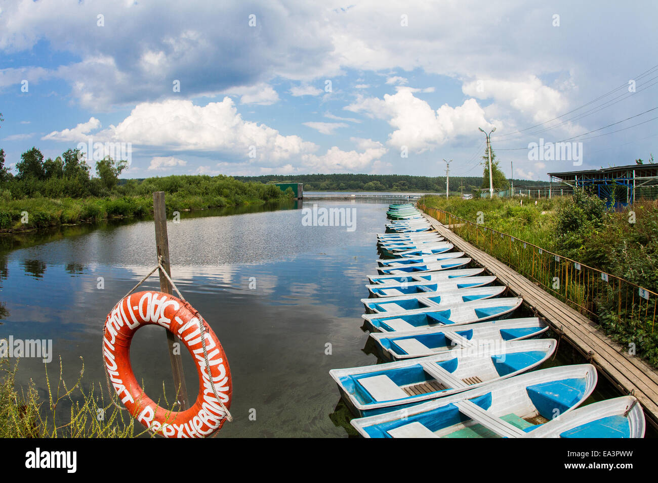 Boat station on beach of the Volga river, Tver region, Russia Stock Photo