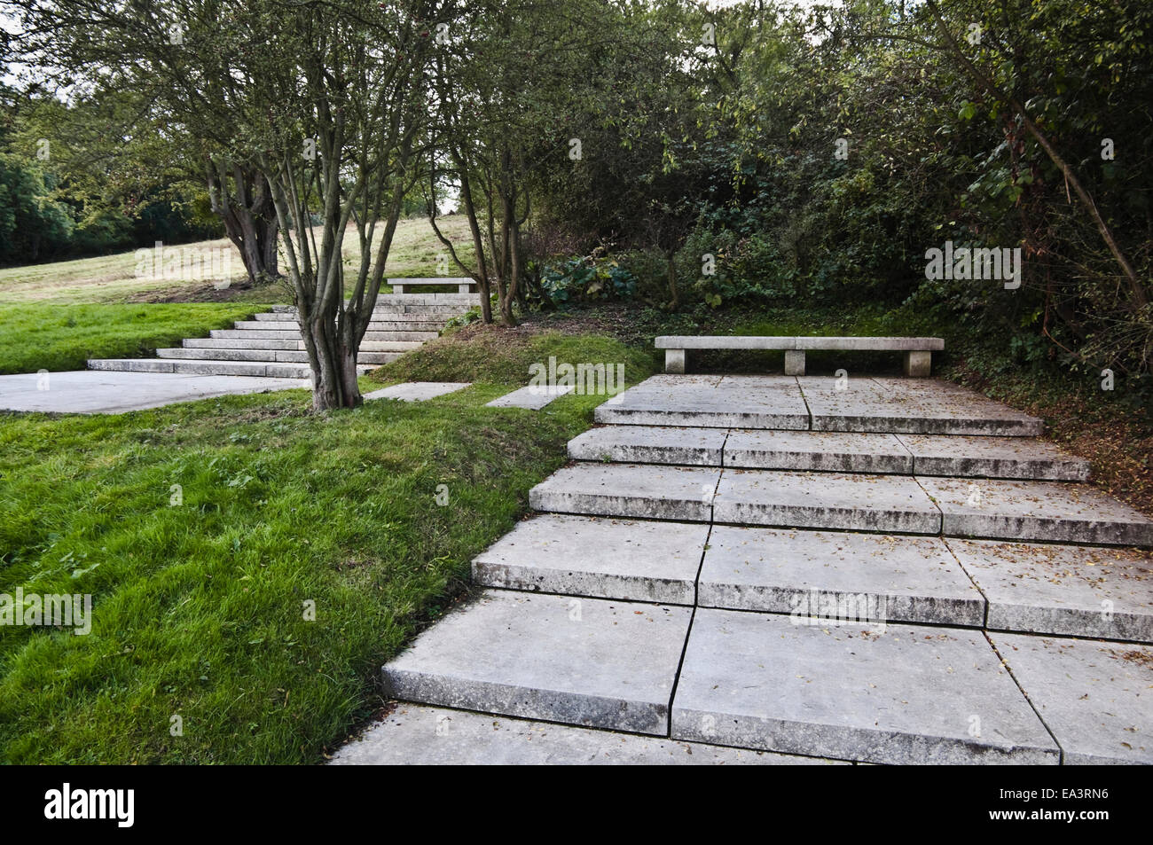 Two Seats of Contemplation and steps - forming a part of the journey relating to the John F Kennedy Memorial at Runnymede, UK. Stock Photo