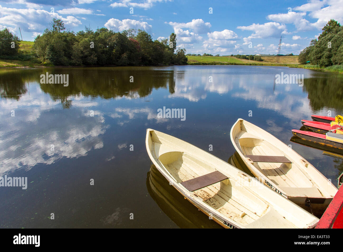 Boats, Kamenka river, Moscow region, Russia Stock Photo