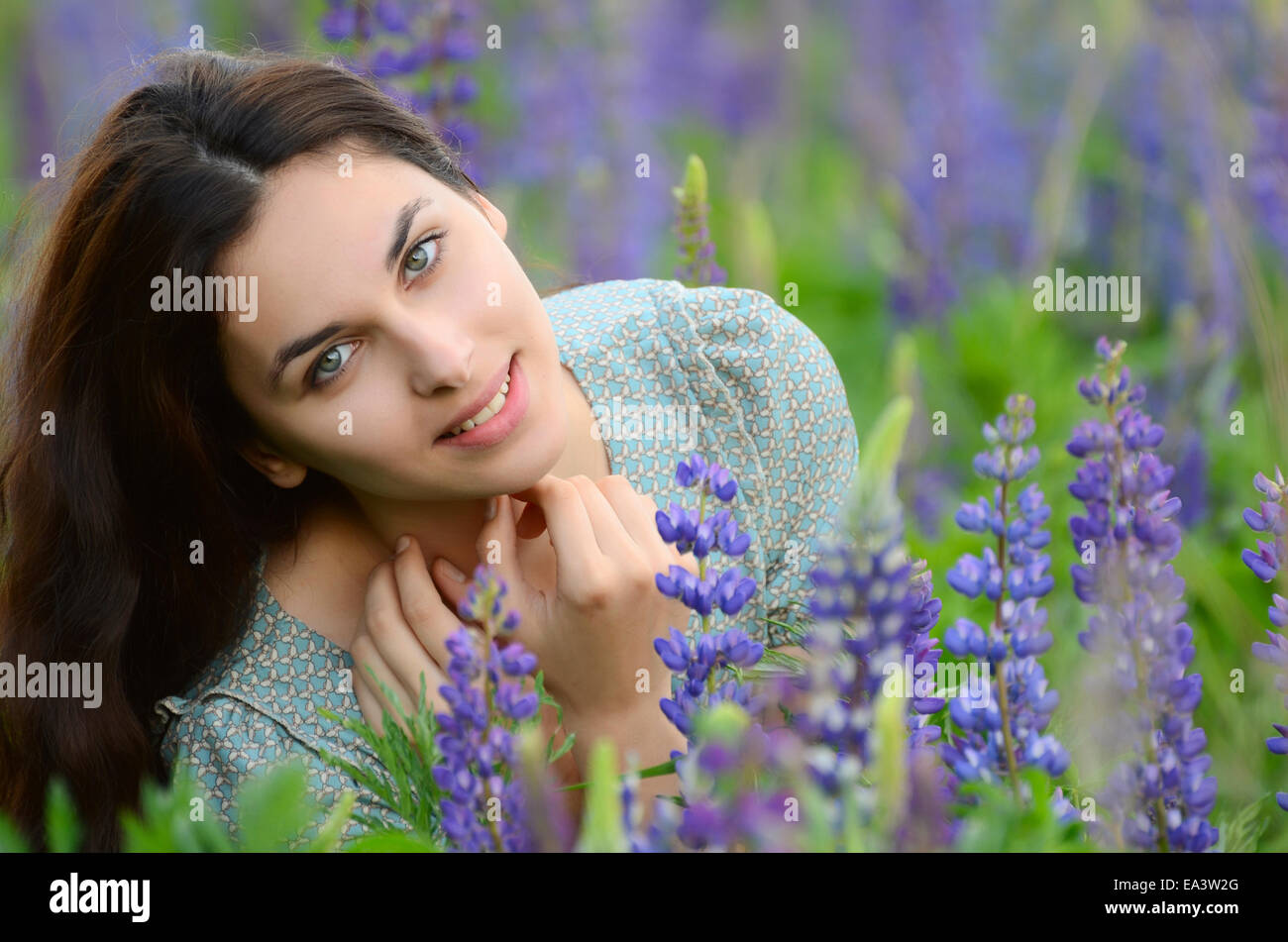 The beautiful woman in the field with lupin Stock Photo - Alamy
