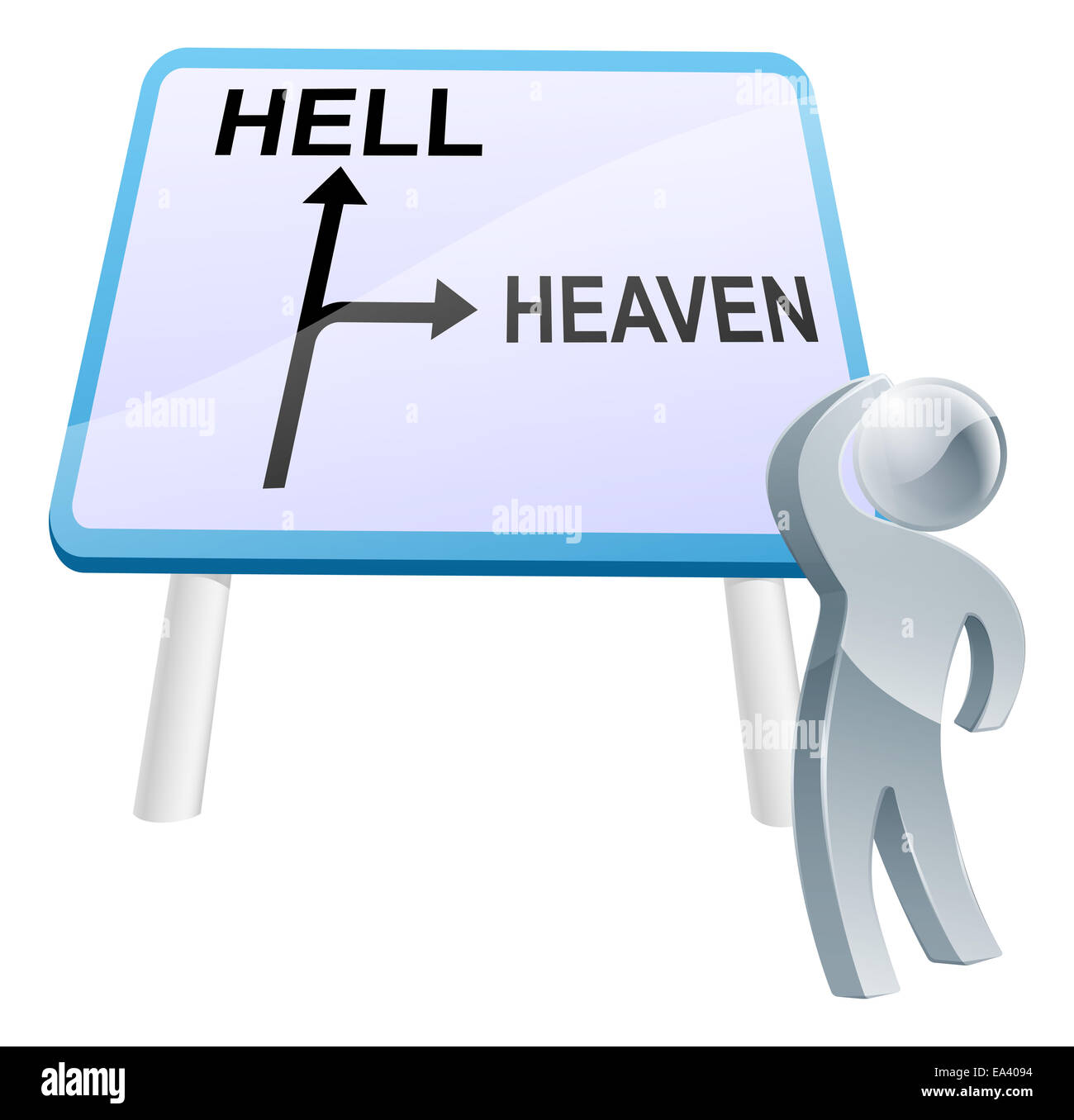 A man looking up at a direction road sign with the words heaven and hell on it Stock Photo