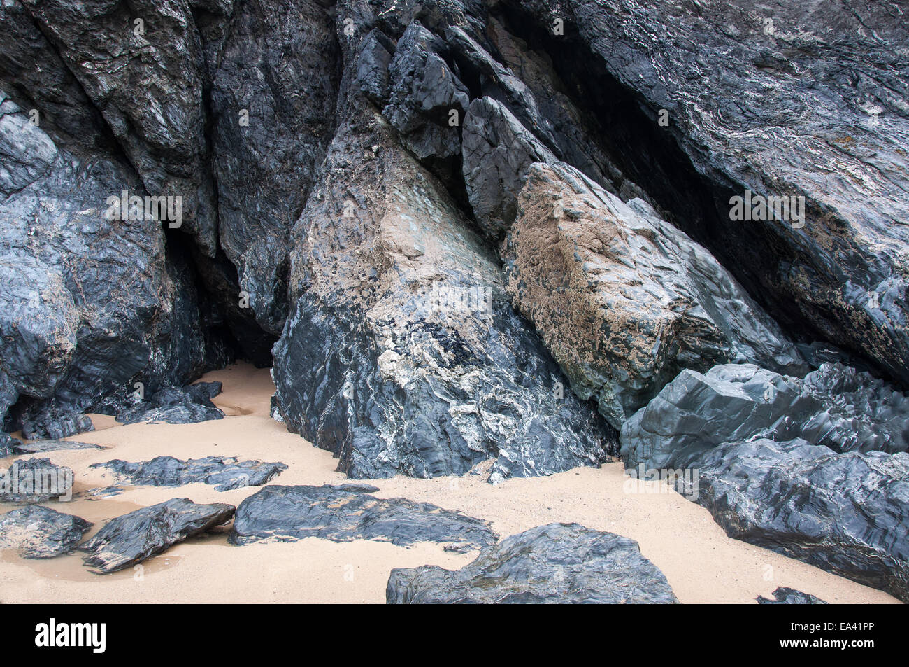 Rocks on the beach at Holywell bay in North Cornwall. Stock Photo