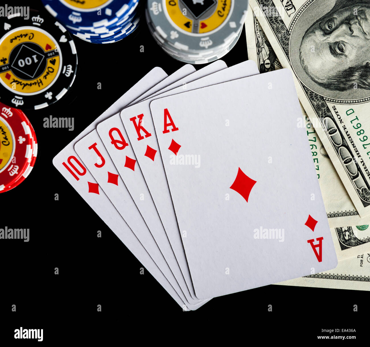 Poker chips Playing cards and dollars Stock Photo Alamy
