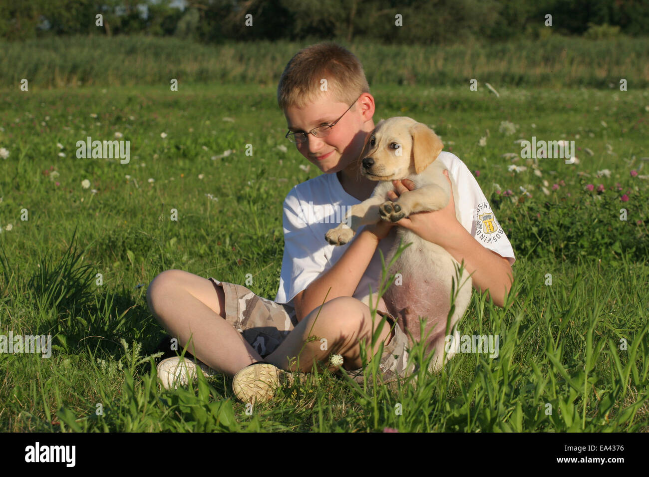 boy and Labrador Retriever Puppy Stock Photo