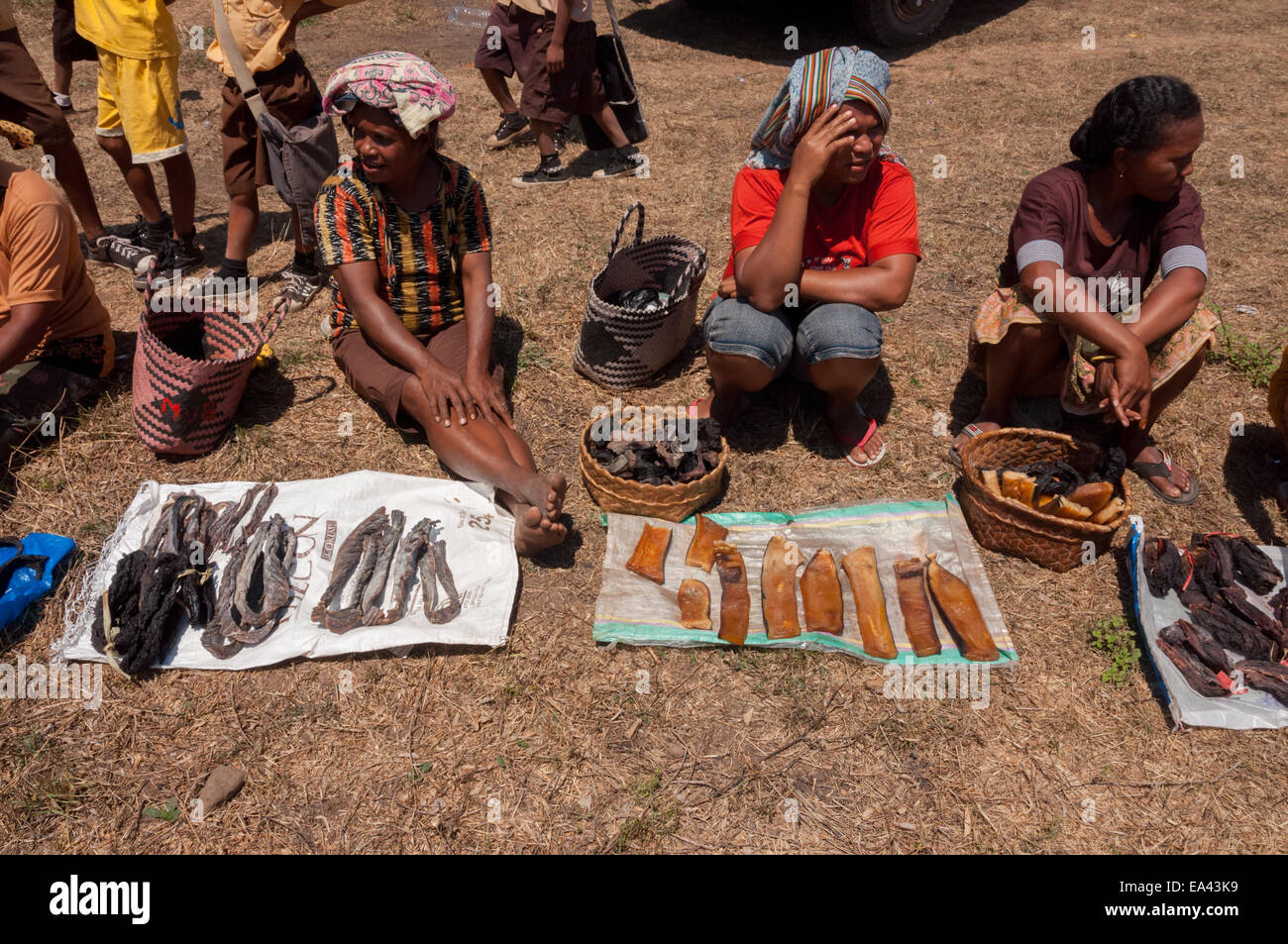 Women from Lamalera take part with their dried whale meats at the barter market of Wulandoni village, Lembata Island, Indonesia. Stock Photo