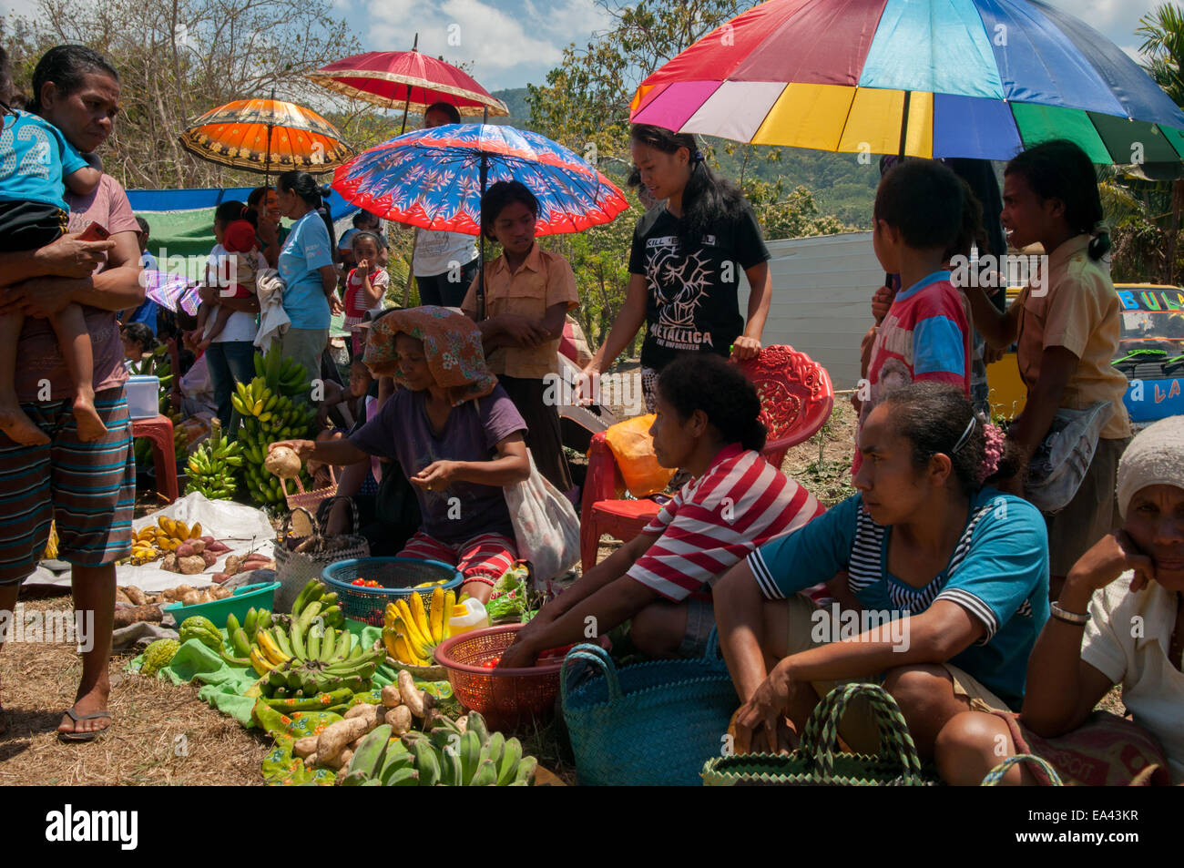 Women with their vegetables and fruits to trade at a barter market in Lembata Island, Indonesia. Stock Photo