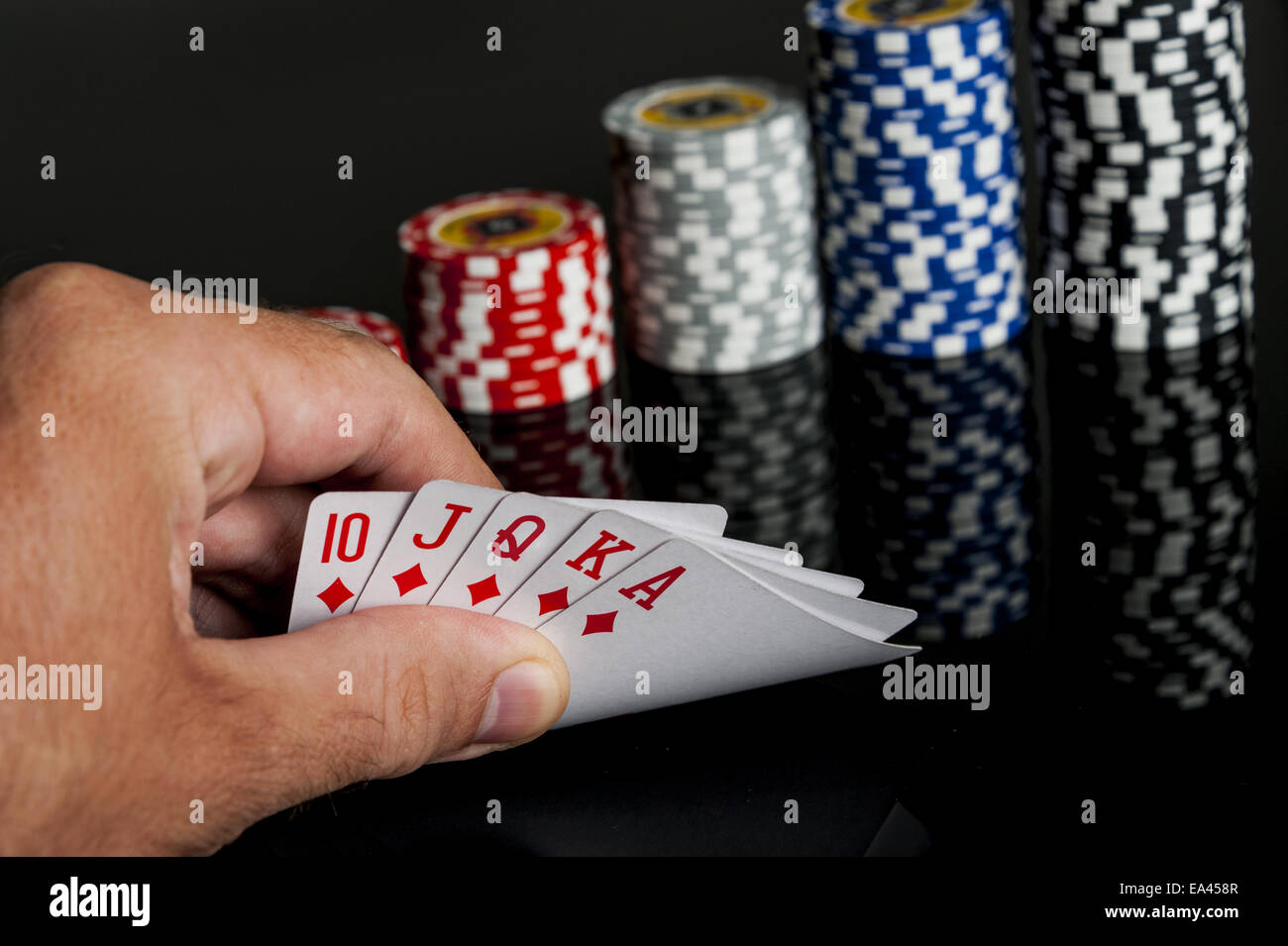 Poker chips Playing cards and dollars Stock Photo Alamy
