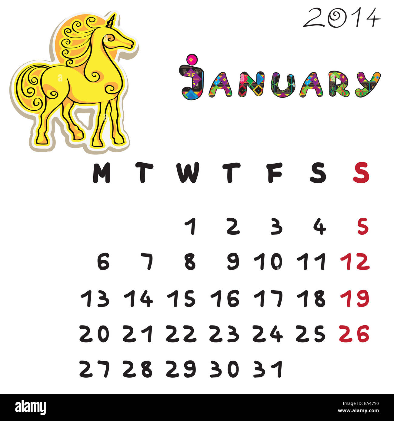 color horse calendar 2014 january Stock Photo