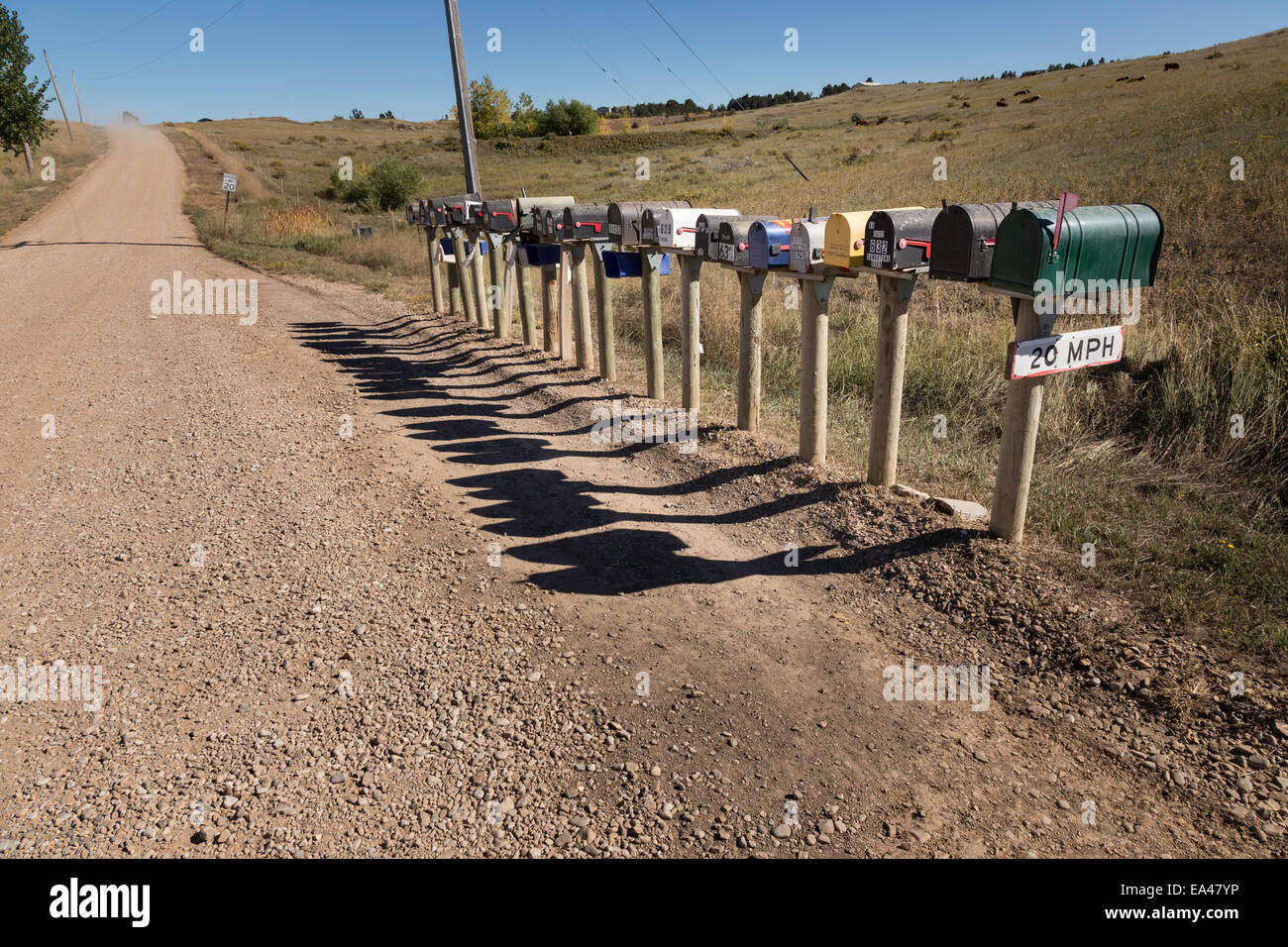 Line of Mailboxes (letterboxes) on Straight Rural Dirt Road, South Dakota, USA Stock Photo
