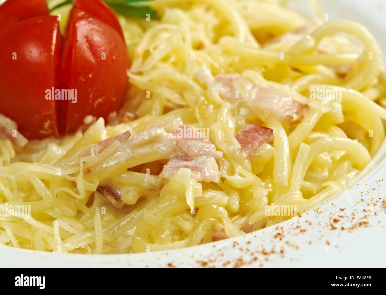Pasta Carbonara with ham Stock Photo Alamy