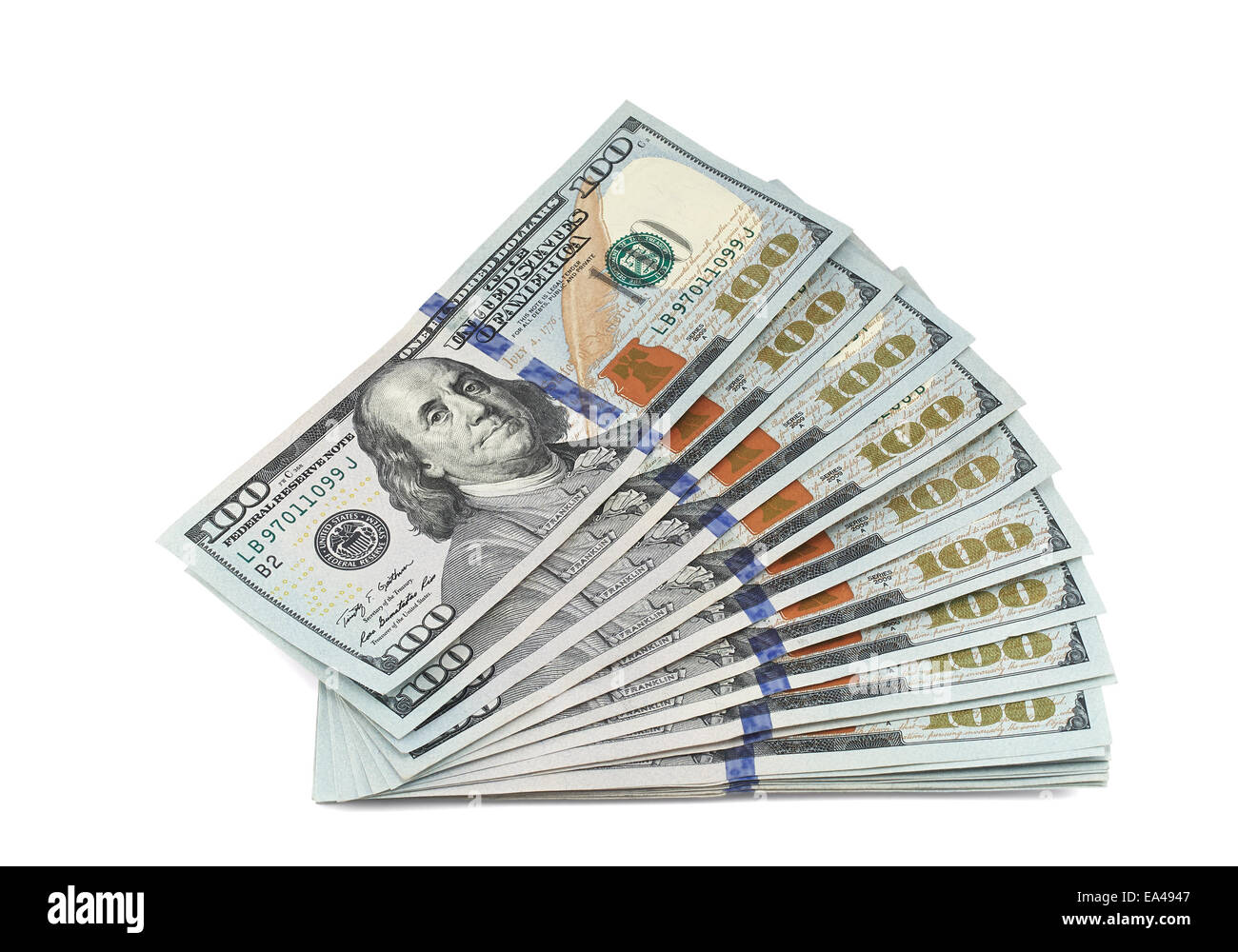 Stack of new 100 dollar bills. Isolated on white background Stock Photo -  Alamy