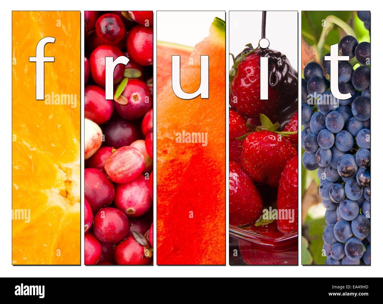 Composite image including 5 panels depicting fruit with the word fruit inside with styling and drop shadow Stock Photo