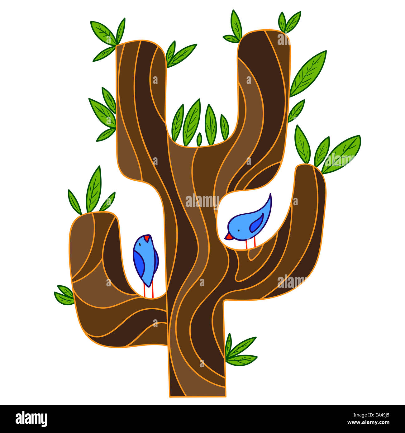 abstract stylized tree with songbird Stock Photo