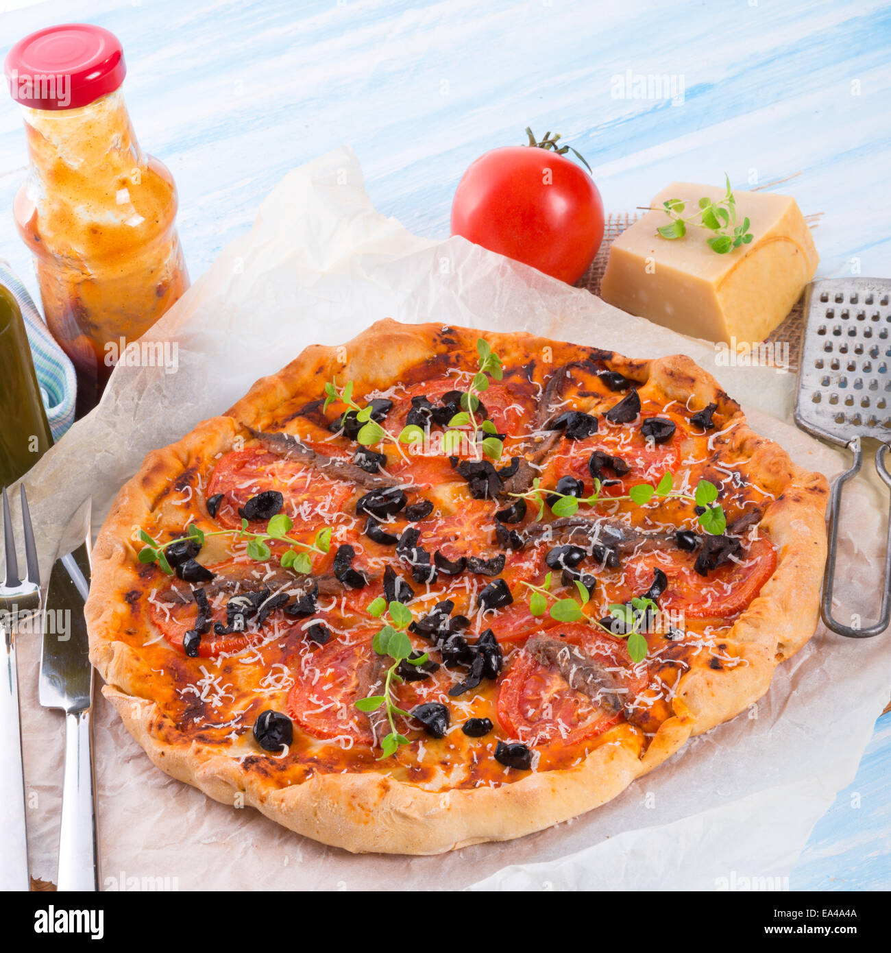 olive anchovy pizza Stock Photo Alamy