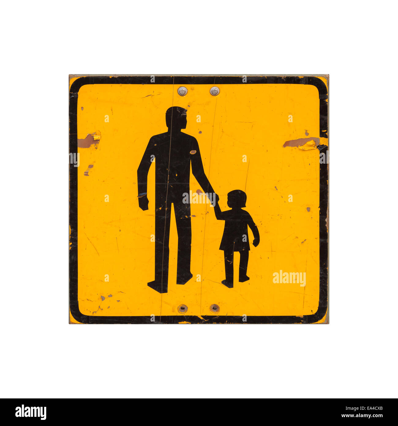 Yellow square children warning road sign isolated on white background Stock Photo