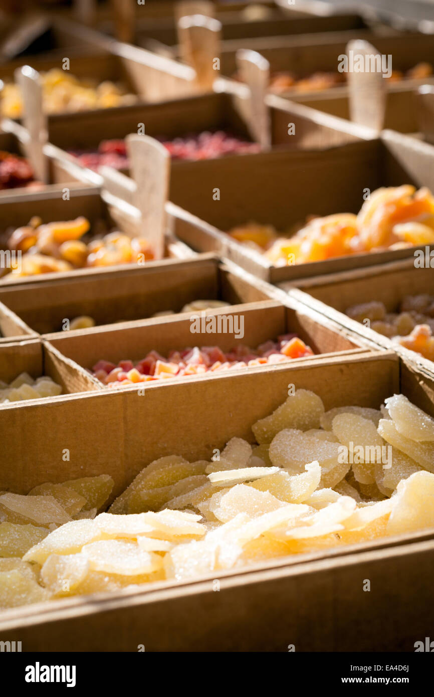 Different kinds of dried fruit on sale at a local organic market in