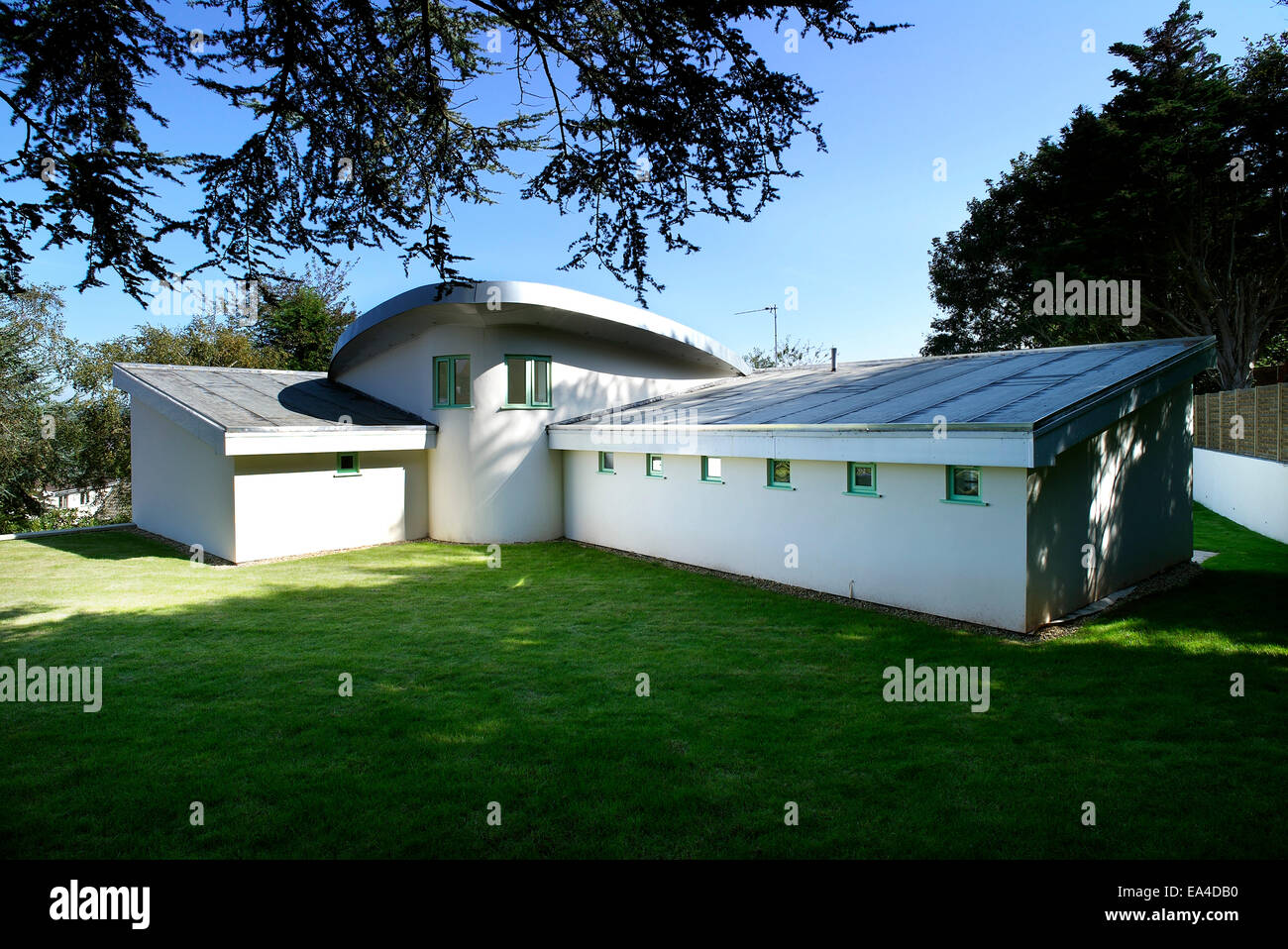 Grass roof, exterior of Moonraker house, Exmouth, Devon, UK. Stock Photo