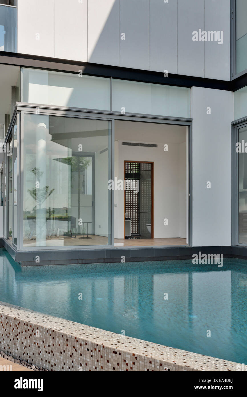 Water feature or pool at modern residential exterior, Sentosa Island, Singapore, Asia. Stock Photo