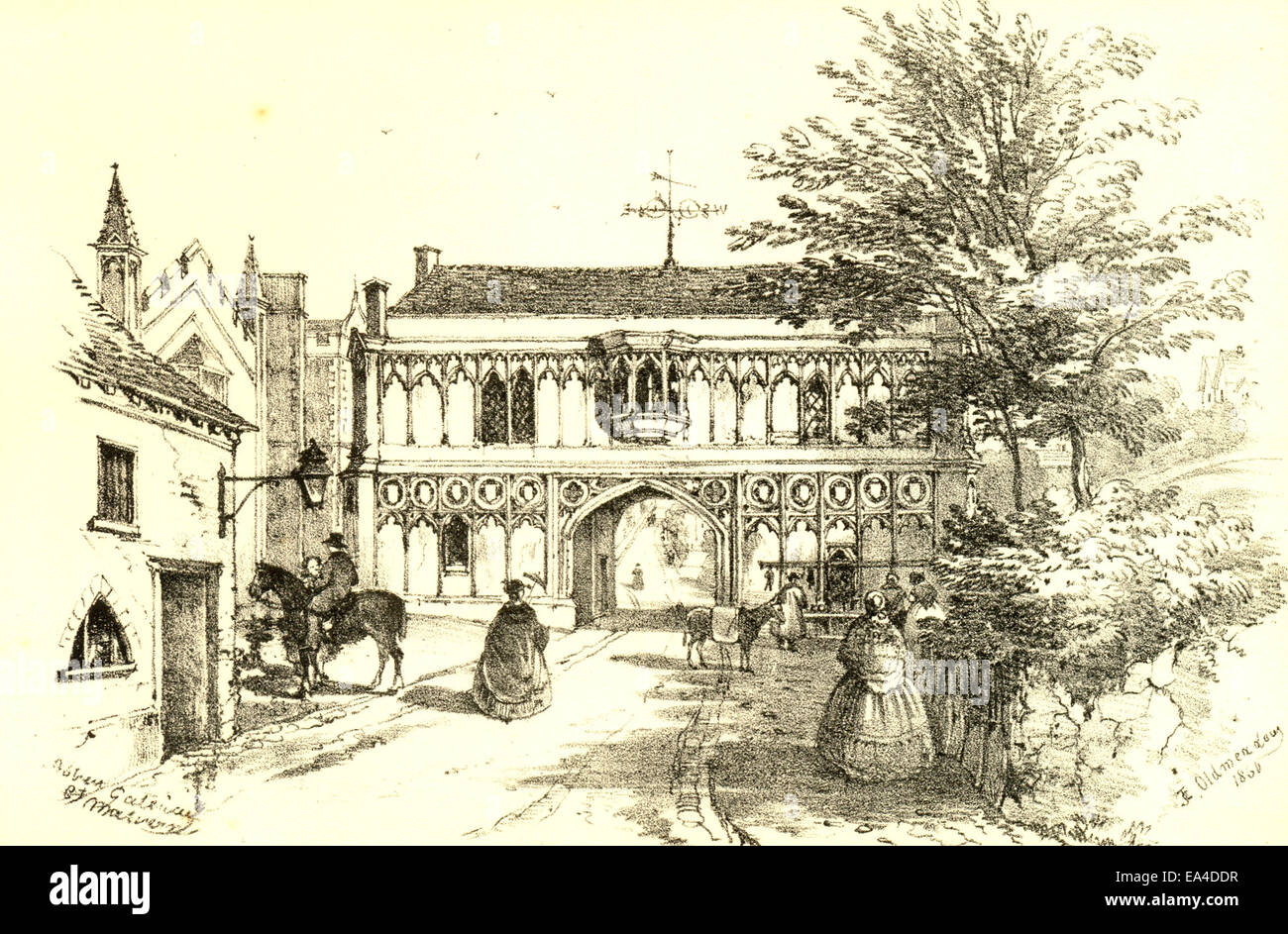 Lithograph of Abbey Gateway, Great Malvern Stock Photo