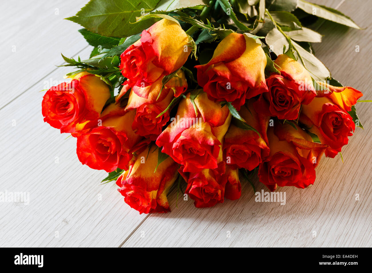 Bunch of red and yellow roses on a table top Stock Photo