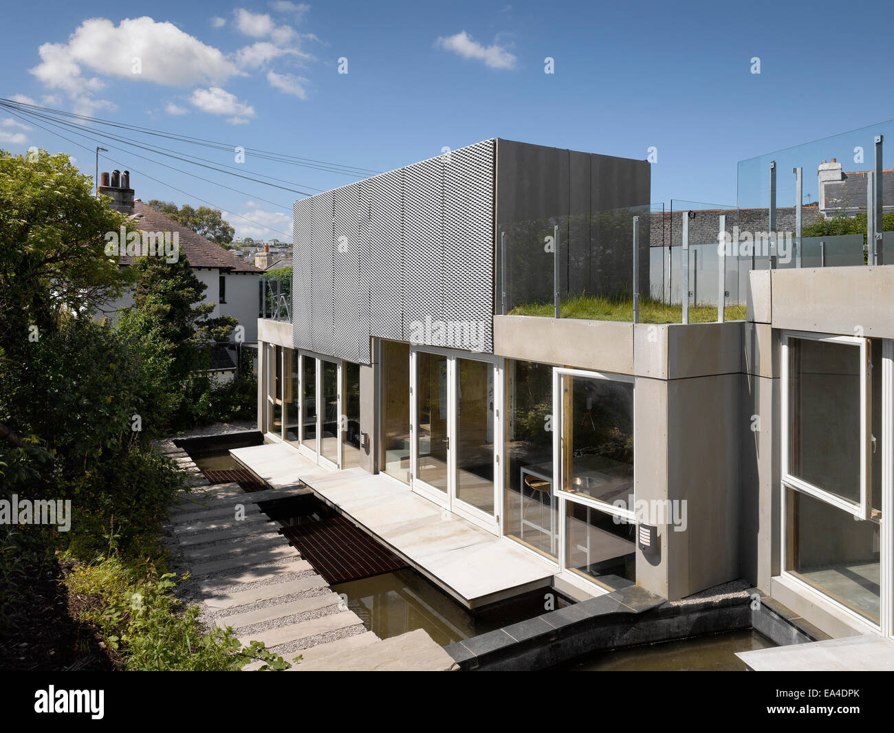 Grass roof and exterior facade of Jacksons Ope, Eco house, Truro