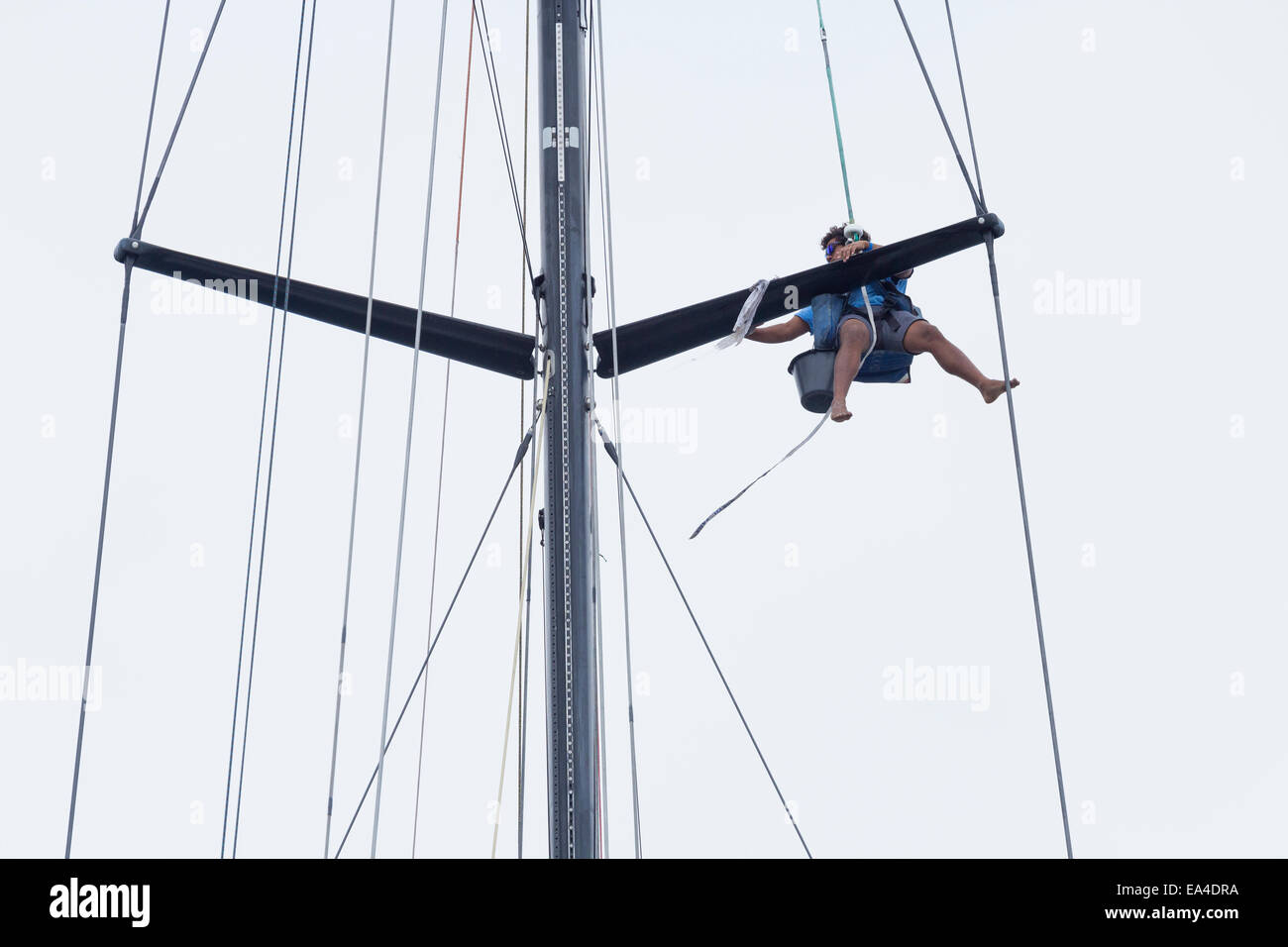 Sailor climbing yacht mast Stock Photo Alamy