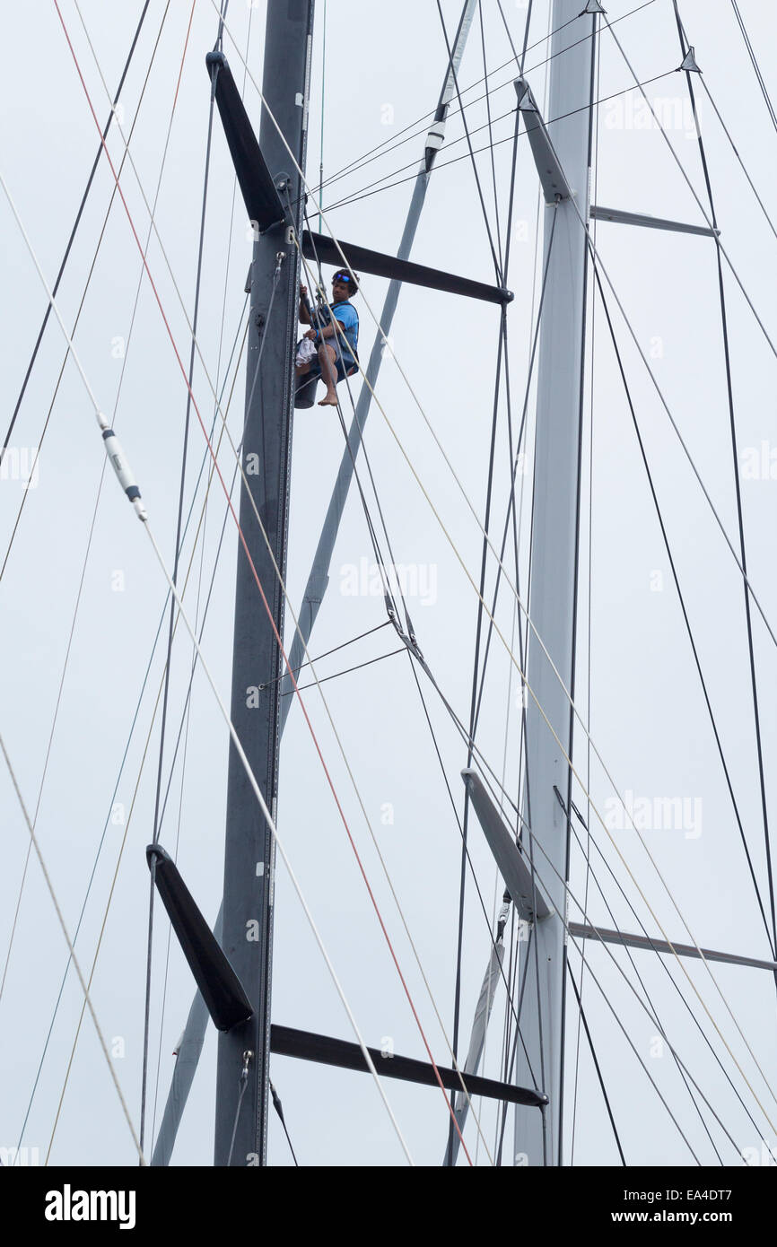 Sailor climbing yacht mast Stock Photo Alamy