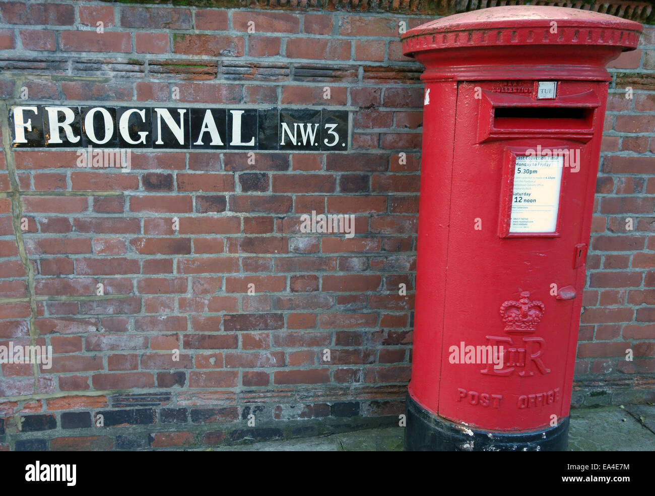 Street sign and post box in Hampstead, North London Stock Photo