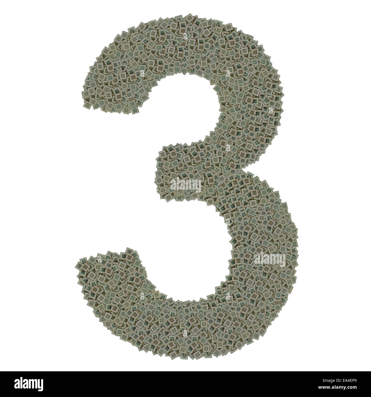 number 3 made of huge amount of old and dirty microprocessors Stock Photo