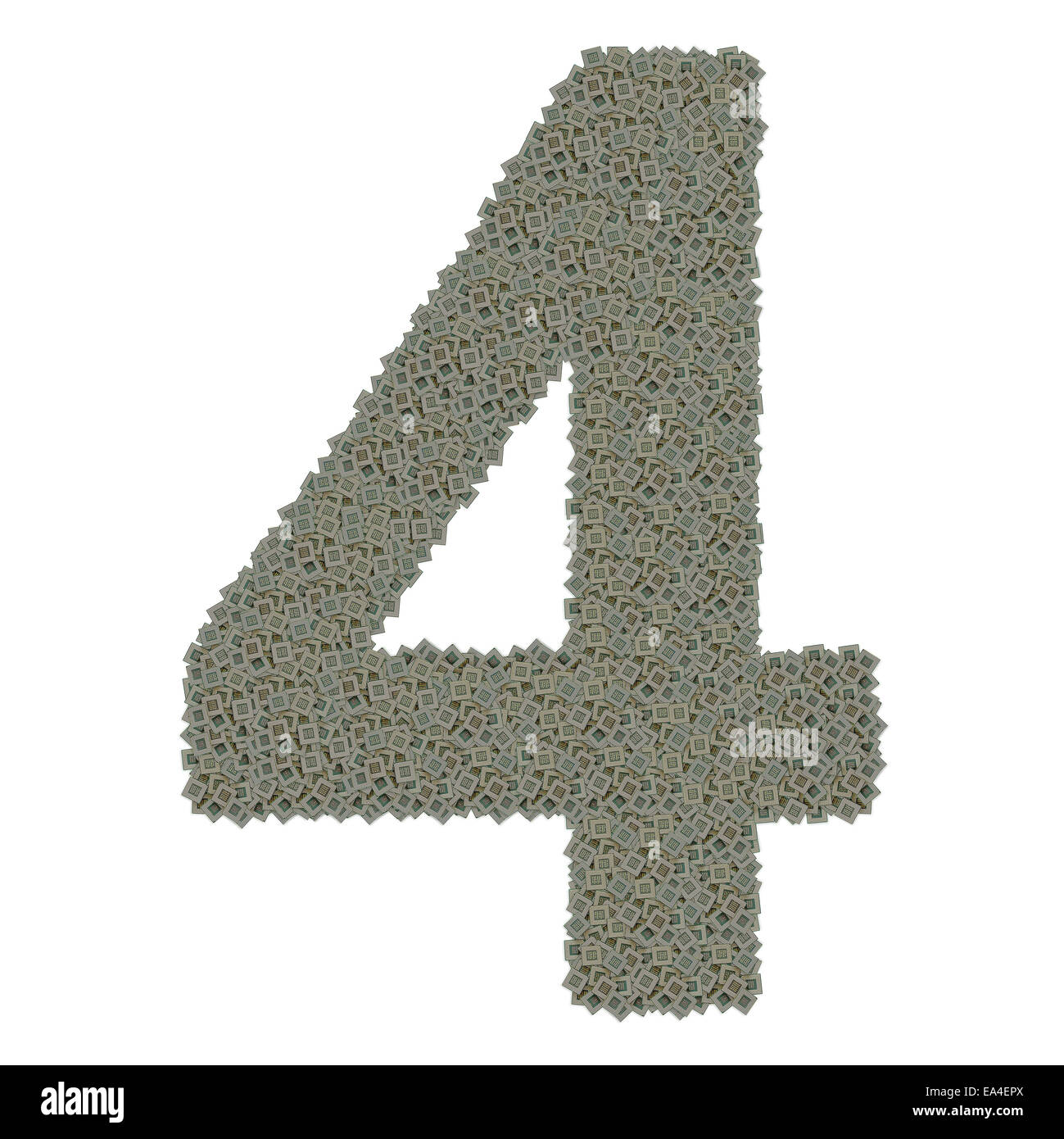 number 4 made of huge amount of old and dirty microprocessors Stock Photo