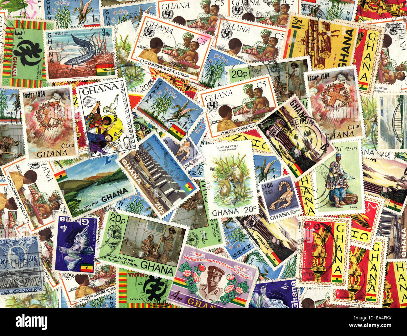 Background of the postage stamps issued in Ghana Stock Photo