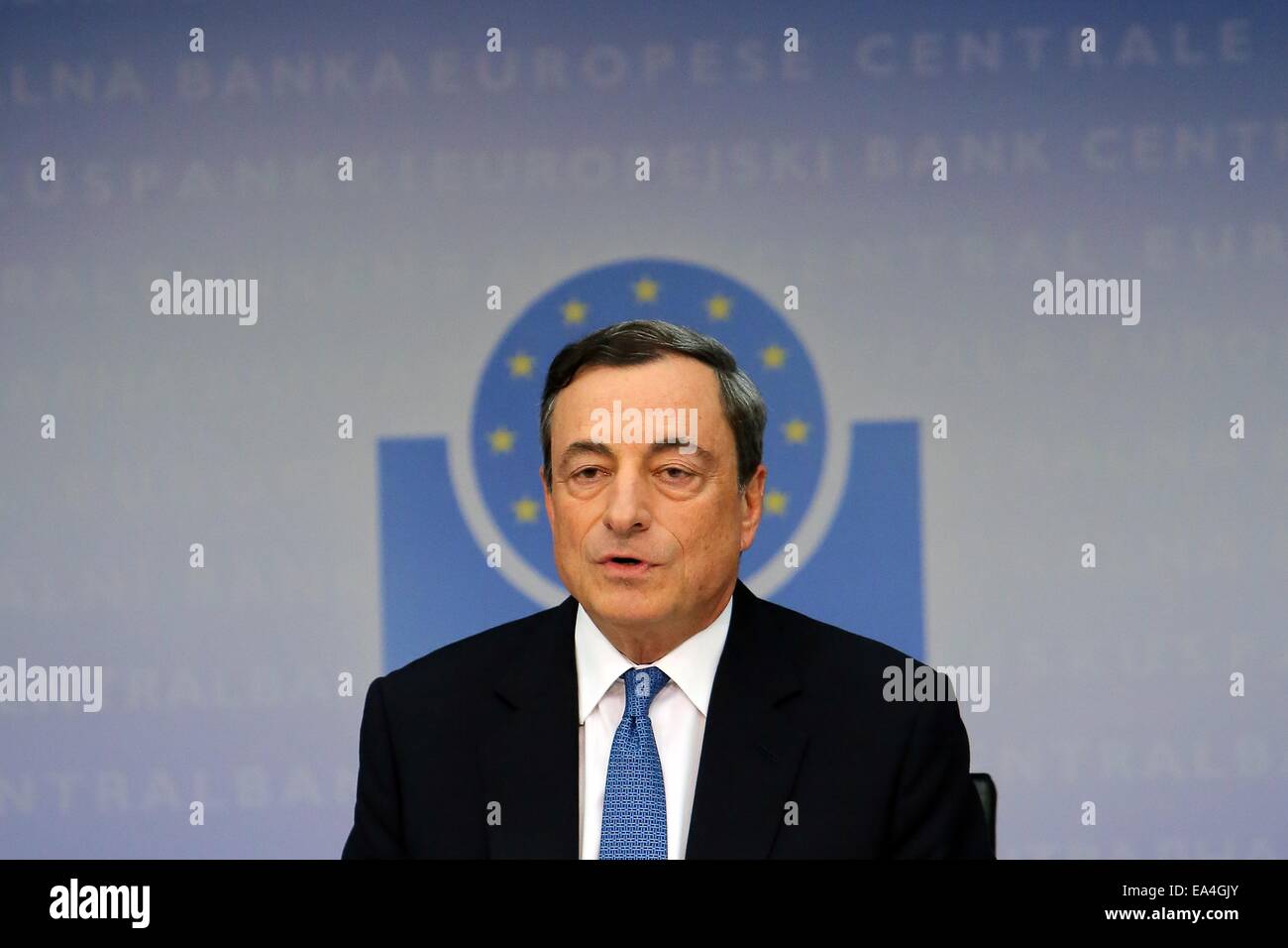 Mario Draghi, president of the European Central Bank speaks during a press conference in Frankfurt/Main, Germany, 06 November 2014. The European Central Bank leaves its base rate at a historical low of 0, 05 percent. Fredrik von Erichsen/dpa Stock Photo
